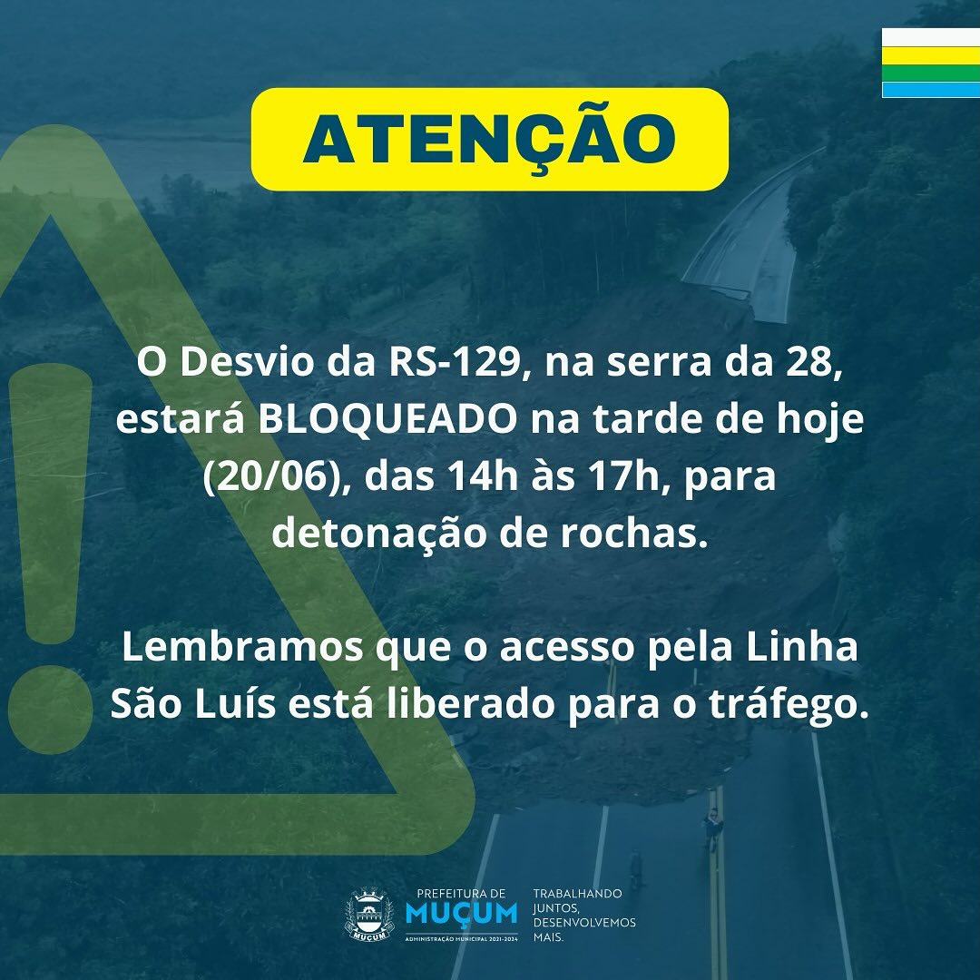 ERS 129 entre Muçum e Vespasiano Corrêa estará bloqueada na tarde desta quinta-feira para detonação de rochas